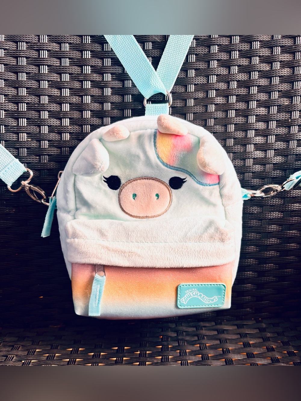 Squishmallows Caedia the Cow Velour Mini Convertible Backpack/Crossbody Bag